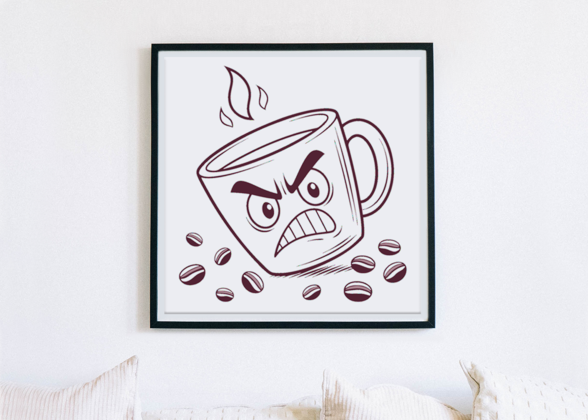 Cadre amusant avec dessin numérique représentant une tasse de café furieuse en cuisine