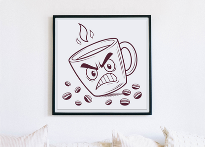 Cadre amusant avec dessin numérique représentant une tasse de café furieuse en cuisine
