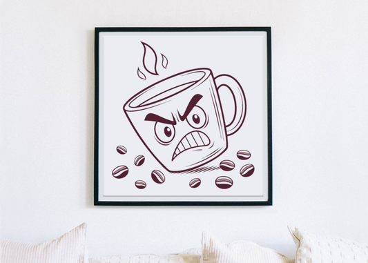Cadre amusant avec dessin numérique représentant une tasse de café furieuse en cuisine