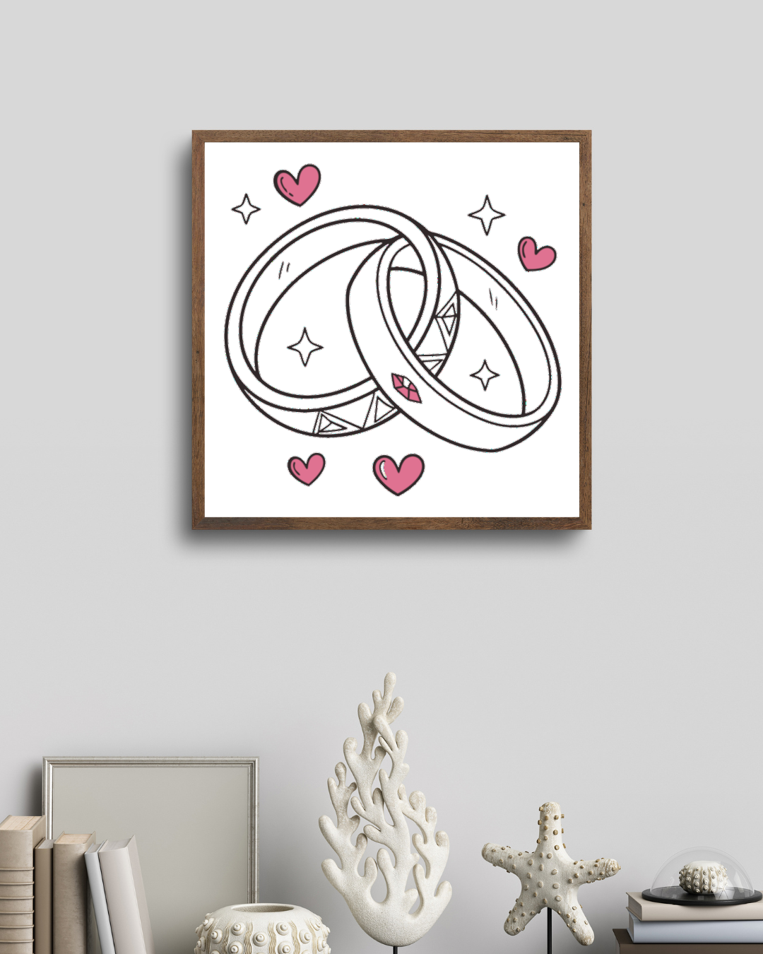 Cadre mettant en valeur des alliances sur fond romantique.