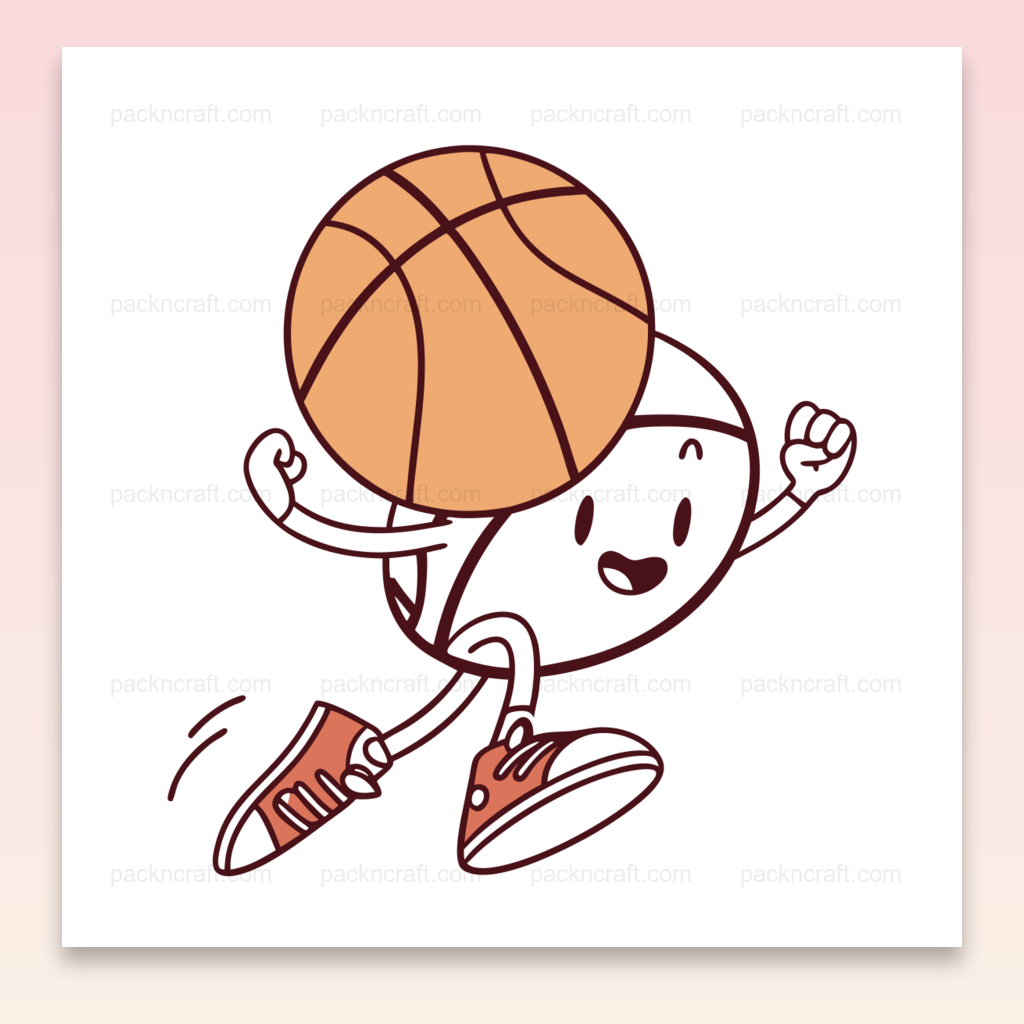 Illustration de basket-ball joyeux dribblant, style cartoon, pour projets créatifs.