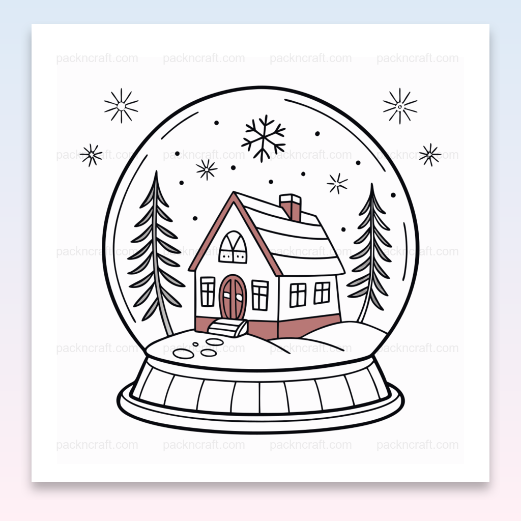 Illustration d'une maison enneigée dans une boule à neige, parfaite pour projets DIY et décoration hivernale.