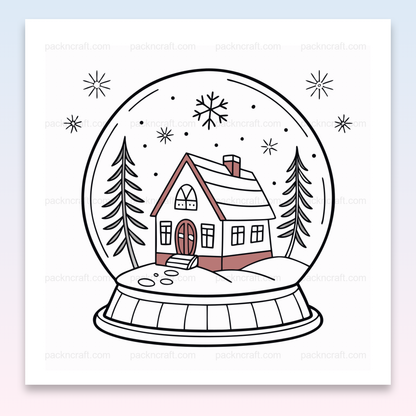 Illustration d'une maison enneigée dans une boule à neige, parfaite pour projets DIY et décoration hivernale.