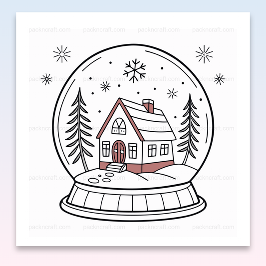 Illustration d'une maison enneigée dans une boule à neige, parfaite pour projets DIY et décoration hivernale.