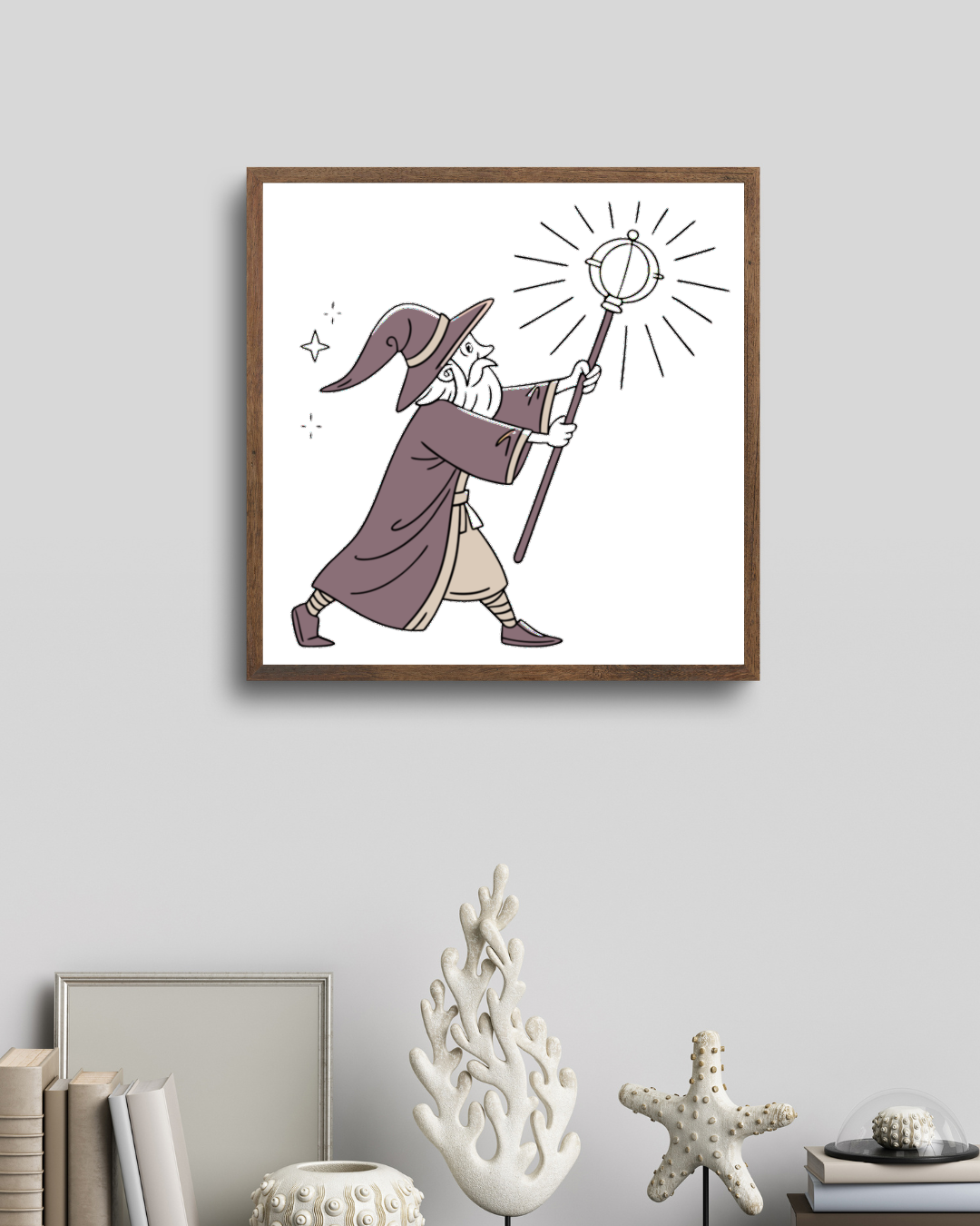 Cadre avec un sorcier lumineux en style illustratif et magie épique