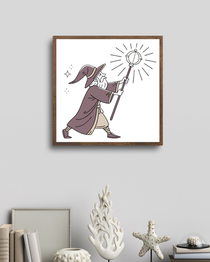 Cadre avec un sorcier lumineux en style illustratif et magie épique