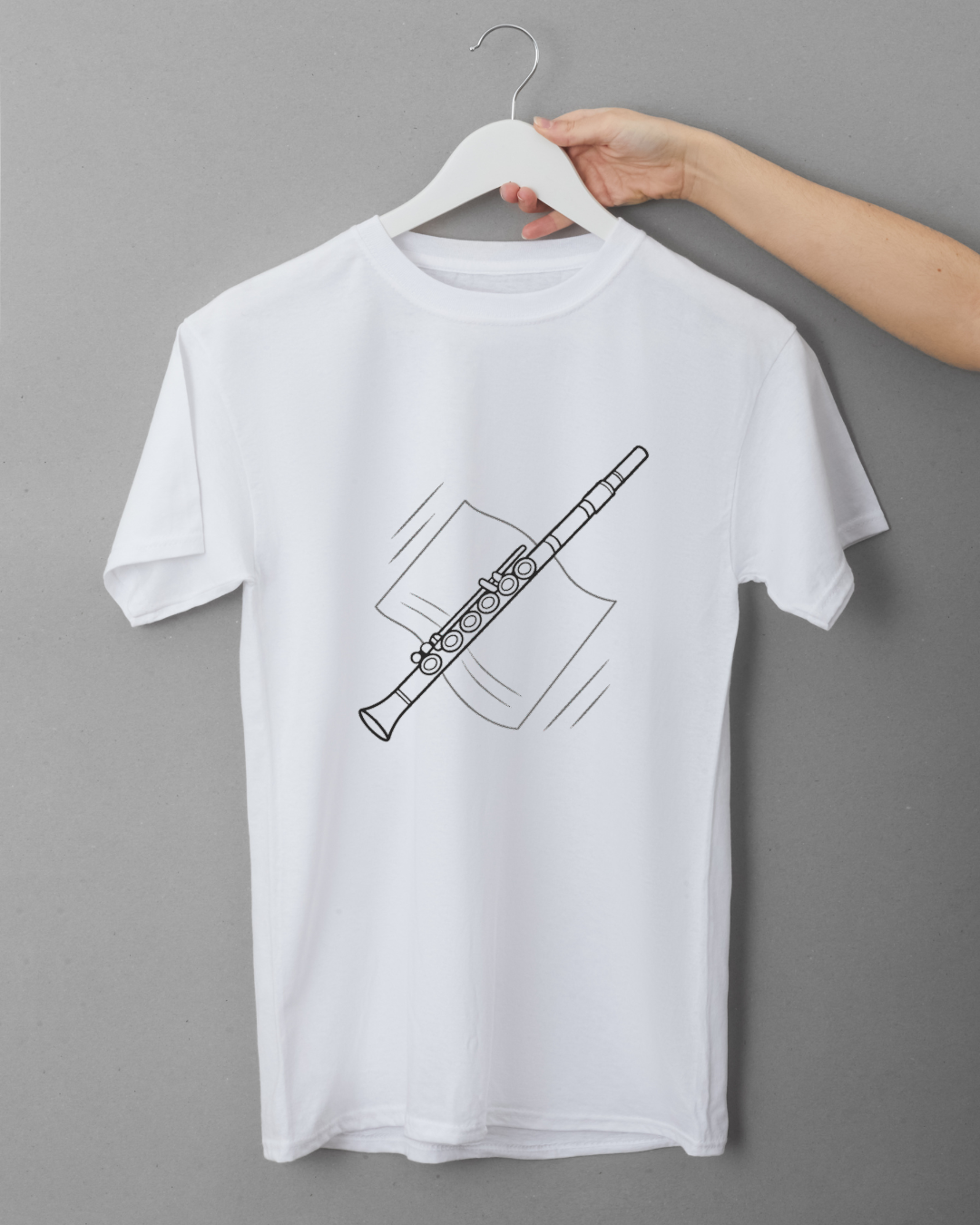 T-shirt avec motif flûte animé en harmonie minimaliste dans un style musical élégant