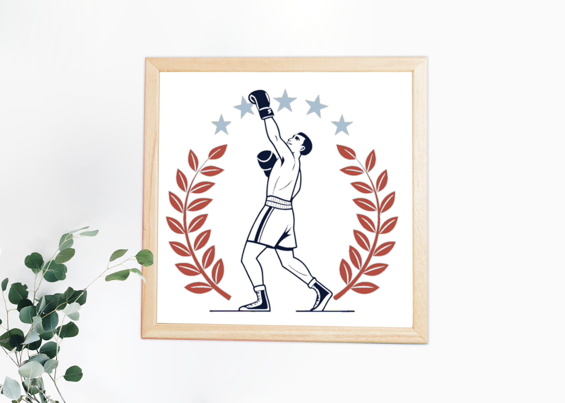 Cadre sportif avec boxeur triomphant en fond minimaliste pour déco moderne