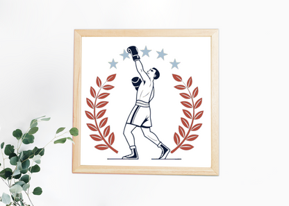 Cadre sportif avec boxeur triomphant en fond minimaliste pour déco moderne