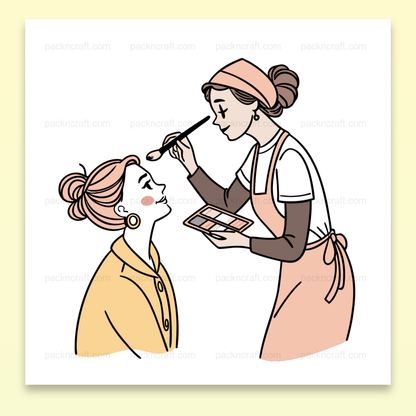 Illustration d'une maquilleuse appliquant du blush, style rétro, Visuel d'une palette de maquillage en usage par une artiste maquilleuse, Élégant SVG de maquilleuse avec palette de maquillage pour tasse, SVG de maquilleuse artistique pour impression sur t-shirt, Design de maquilleuse appliquant du blush pour stickers personnalisés