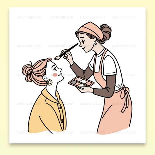 Illustration d'une maquilleuse appliquant du blush, style rétro, Visuel d'une palette de maquillage en usage par une artiste maquilleuse, Élégant SVG de maquilleuse avec palette de maquillage pour tasse, SVG de maquilleuse artistique pour impression sur t-shirt, Design de maquilleuse appliquant du blush pour stickers personnalisés