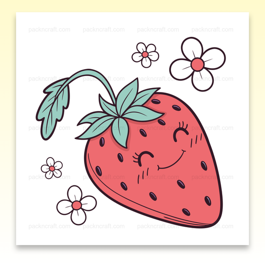 Fraise souriante avec fleurs, idéale pour papeterie et DIY.