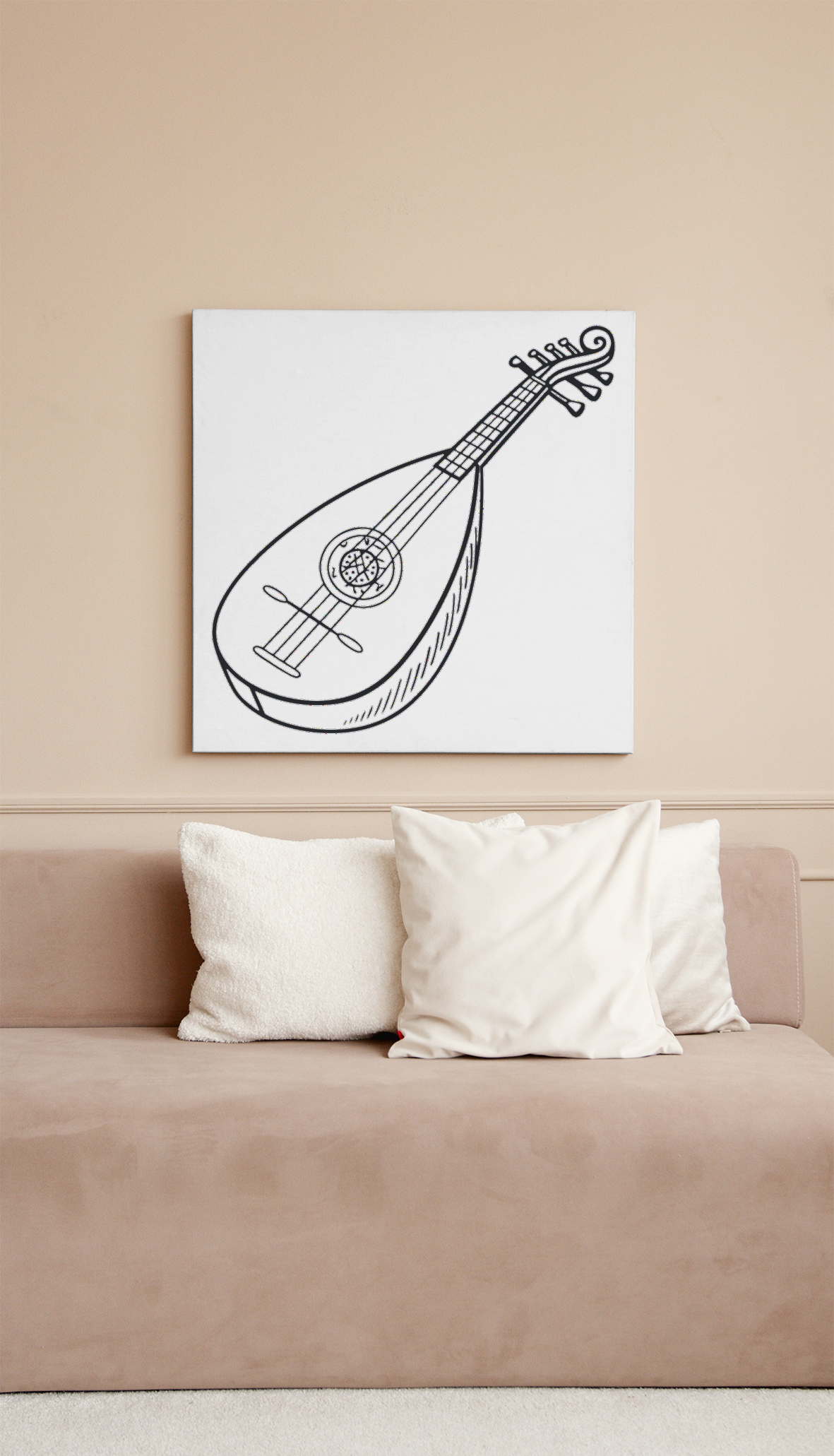 Cadre artistique avec luth doodle stylisé ambiance bohème