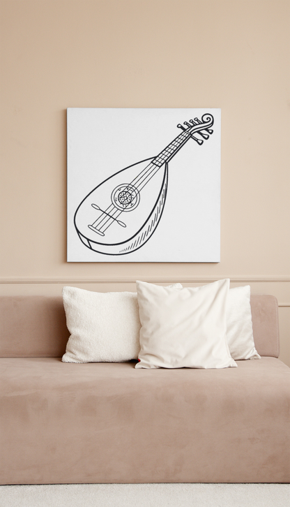 Cadre artistique avec luth doodle stylisé ambiance bohème