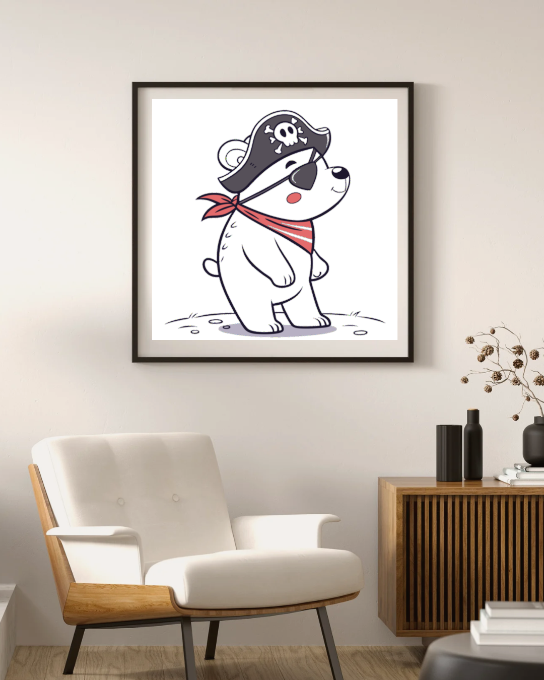 Cadre avec ours pirate kawaii sur fond marin ludique et joyeux