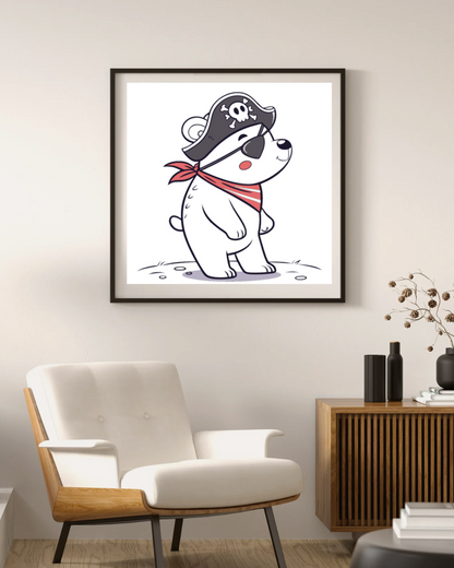 Cadre avec ours pirate kawaii sur fond marin ludique et joyeux