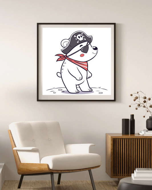 Cadre avec ours pirate kawaii sur fond marin ludique et joyeux