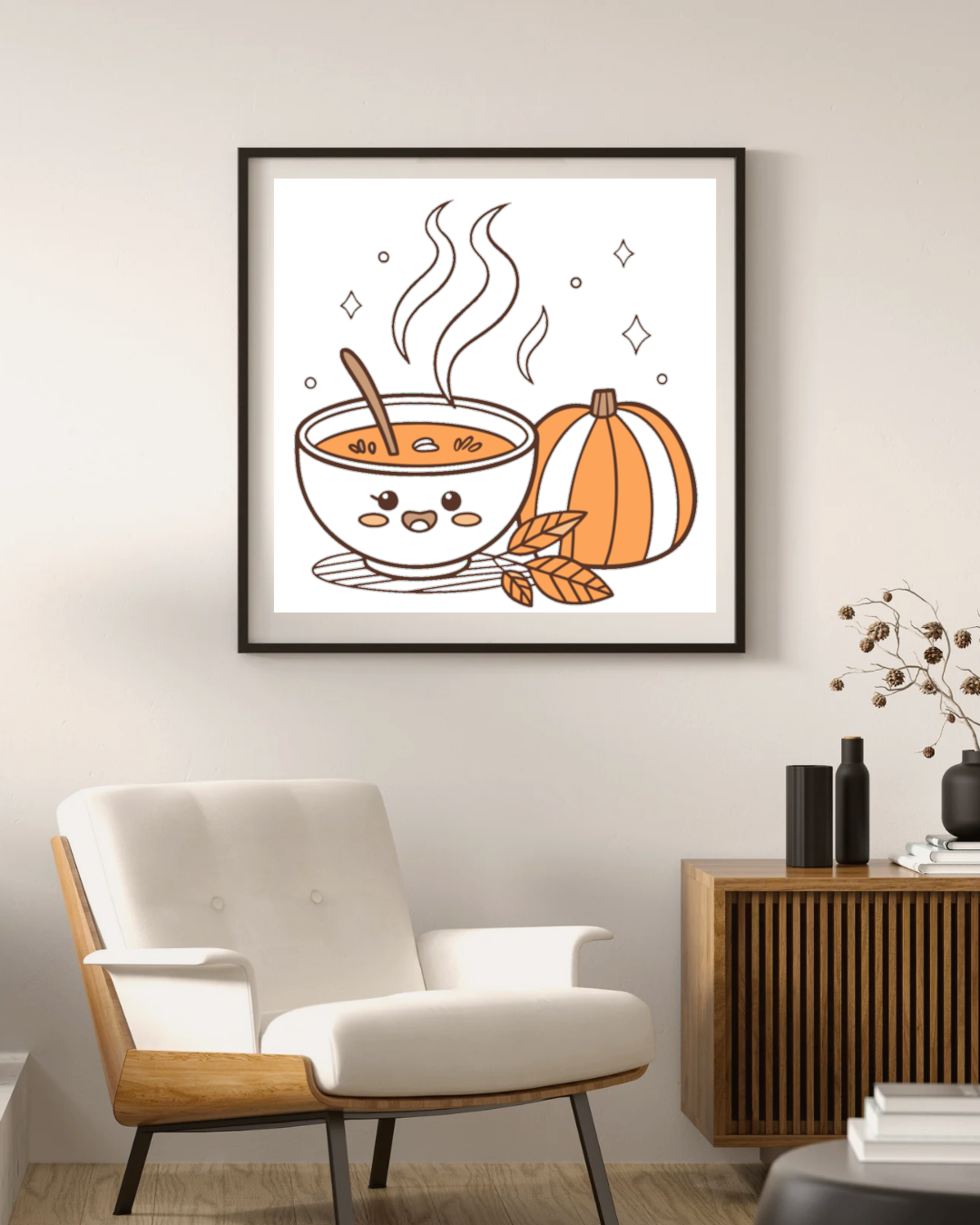 Cadre décoratif automnal avec citrouille kawaii joyeuse dans des tons pastel