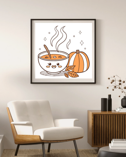 Cadre décoratif automnal avec citrouille kawaii joyeuse dans des tons pastel