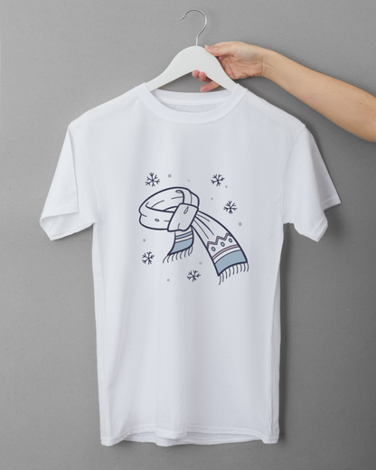 T-shirt avec icône d'écharpe stylisée sur thème hivernal et minimaliste