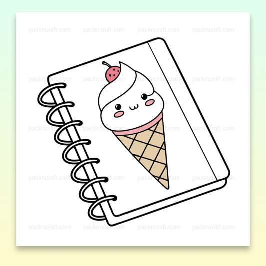 Illustration kawaii d'une gaufrette joyeuse sur un carnet, idéale pour papeterie.