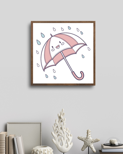 Cadre décoratif avec parapluie kawaii souriant sous la pluie, thème Rainy Day