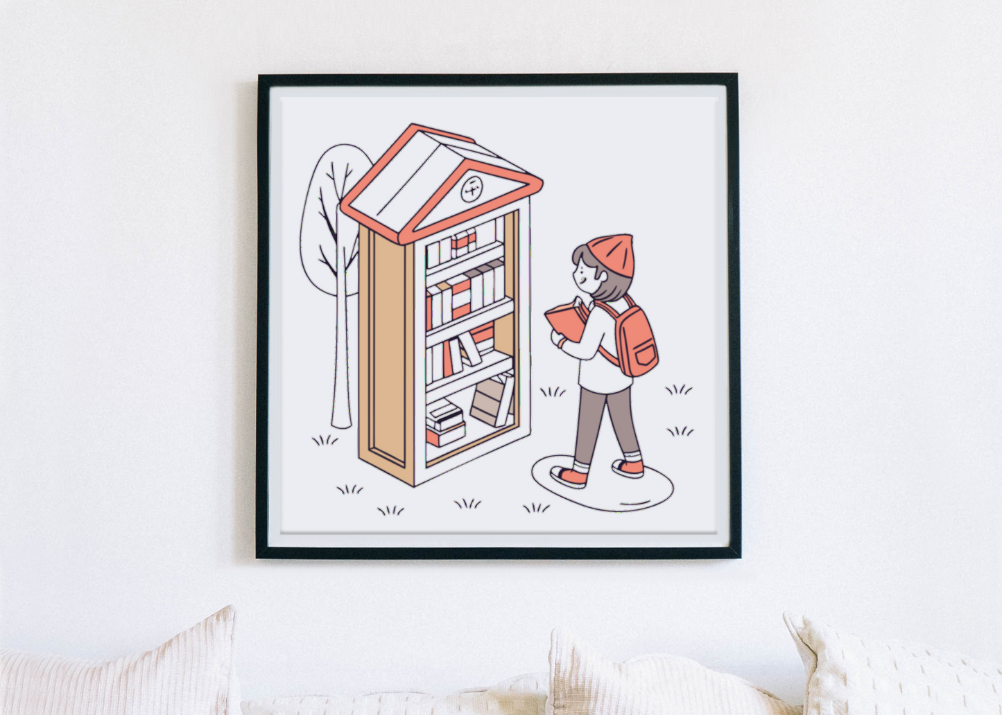 Cadre avec motif pastel d'un enfant explorant une boîte à livres, style éducatif coloré