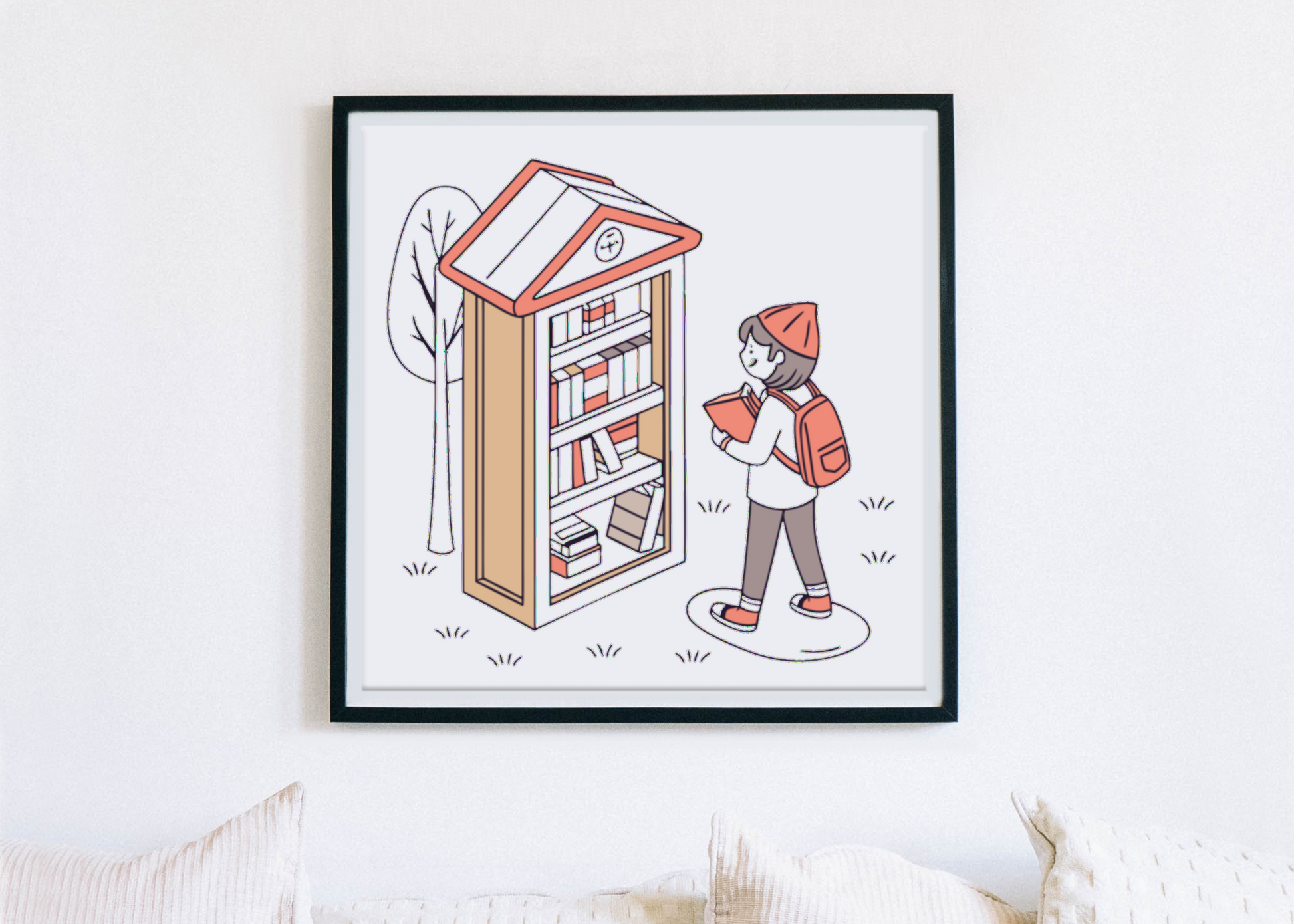 Cadre avec motif pastel d'un enfant explorant une boîte à livres, style éducatif coloré