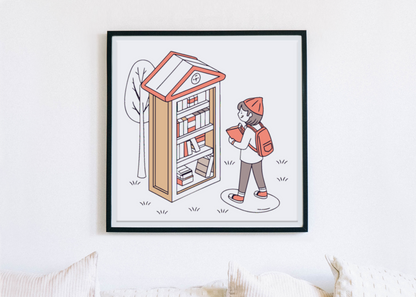 Cadre avec motif pastel d'un enfant explorant une boîte à livres, style éducatif coloré