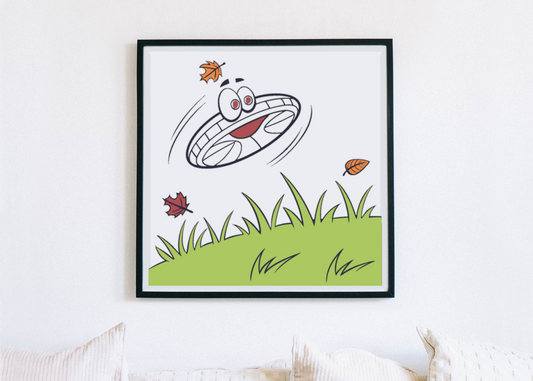 Cadre avec un frisbee souriant en style doodle pour une aventure ludique