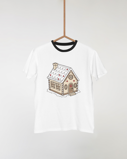 T-shirt avec maison en pain d'épices enneigée motif festif pour Noël