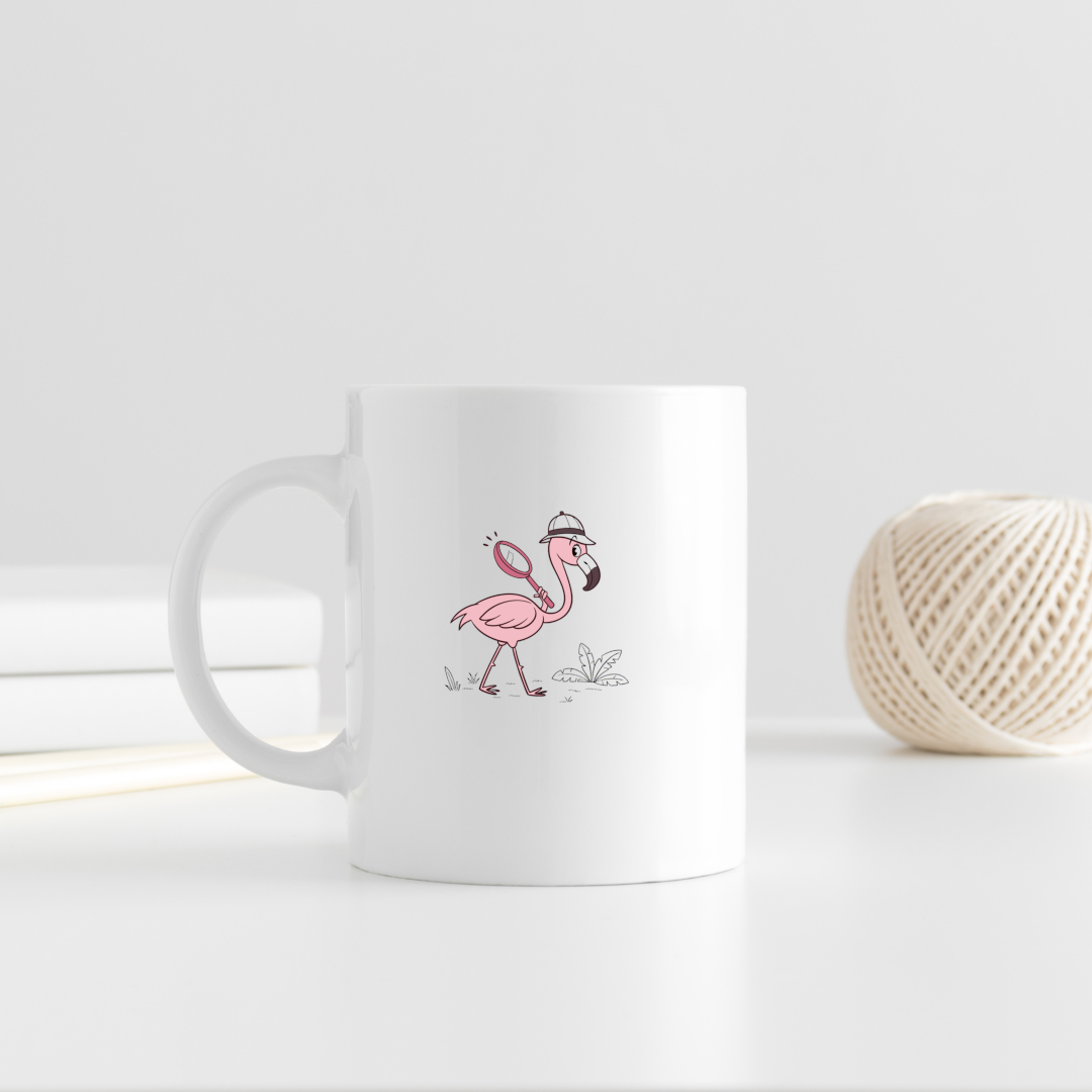 Mug avec un flamant détective en pleine enquête dans un style numérique amusant