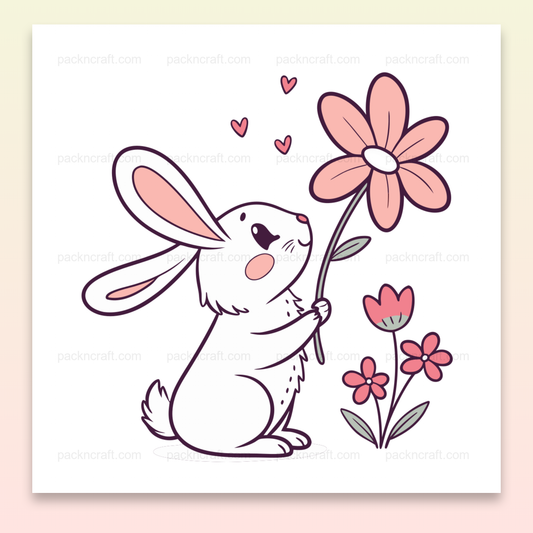Illustration kawaii d'un lapin tenant une fleur pour projets créatifs et éducatifs.