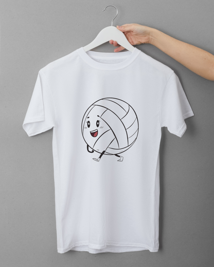 T-shirt sportif avec un ballon de volleyball souriant en dessin stylisé