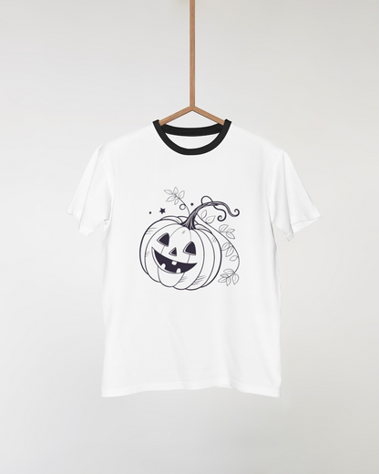 T-shirt avec motif citrouille moqueuse monochrome pour Halloween unique et fantaisie