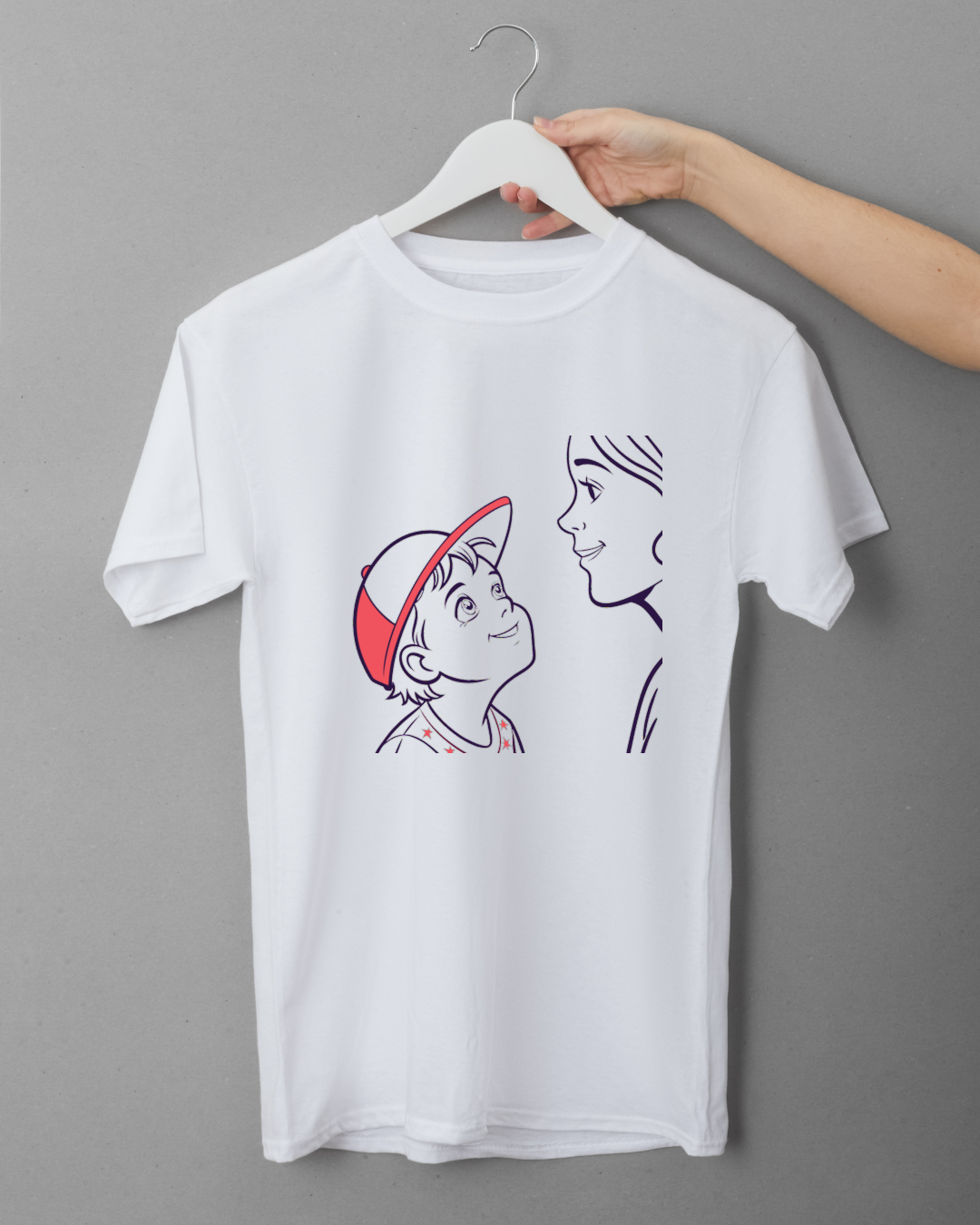 T-shirt au design ligne claire minimaliste représentant une scène émotive mère-enfant