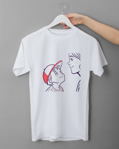 T-shirt au design ligne claire minimaliste représentant une scène émotive mère-enfant