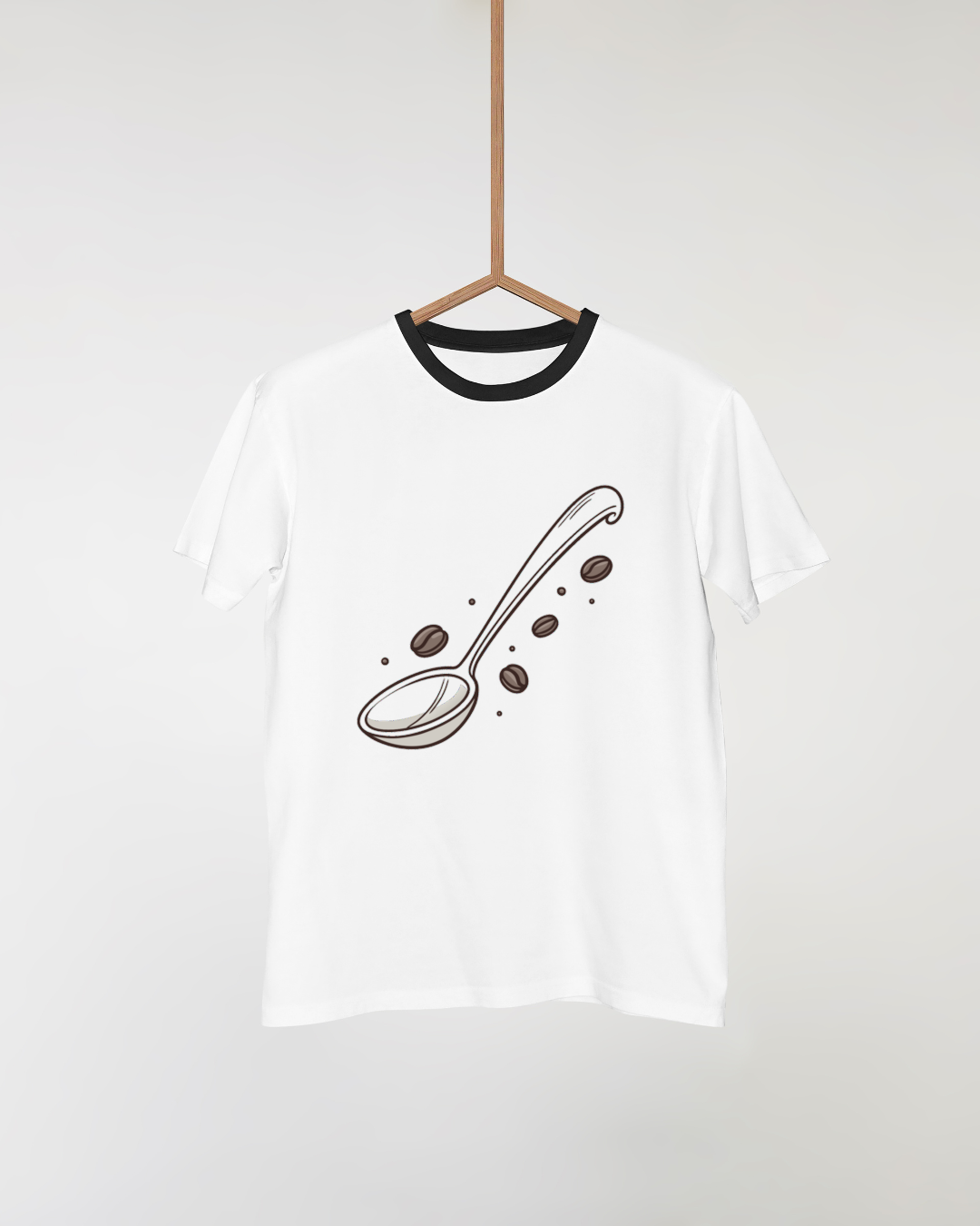 T-shirt au motif café avec cuillère dessinée à la main et grains illustrés