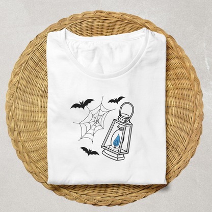 T-shirt moderne avec lanternes et chauves-souris en style vectoriel pour Halloween