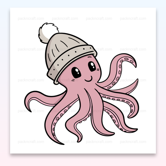 Pieuvre joyeuse avec bonnet d'hiver en style kawaii, idéale pour DIY et déco.