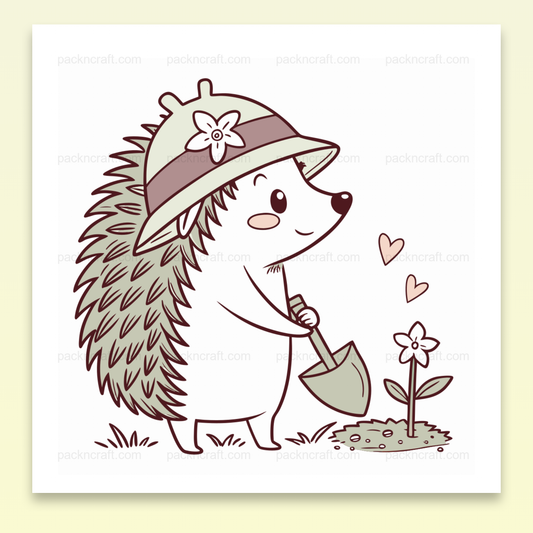 Illustration de hérisson jardinier en style doodle, parfaite pour stickers et déco.