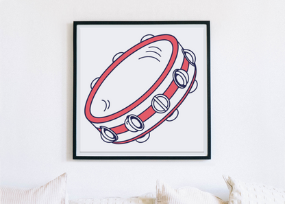 Cadre avec décor minimaliste sur le thème musical montrant un tambourin festif coloré