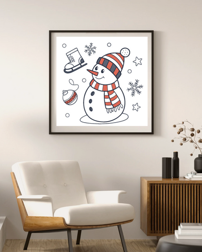 Cadre déco avec bonhomme de neige joyeux pour un hiver festif et enchanteur