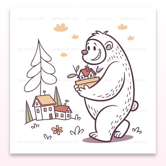 Illustration d'un ours amical portant des maisons dans un style doodle, fichier numérique SVG.