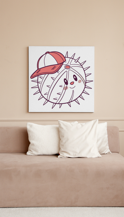 Cadre décoratif marin avec poisson-globe amusant en casquette colorée