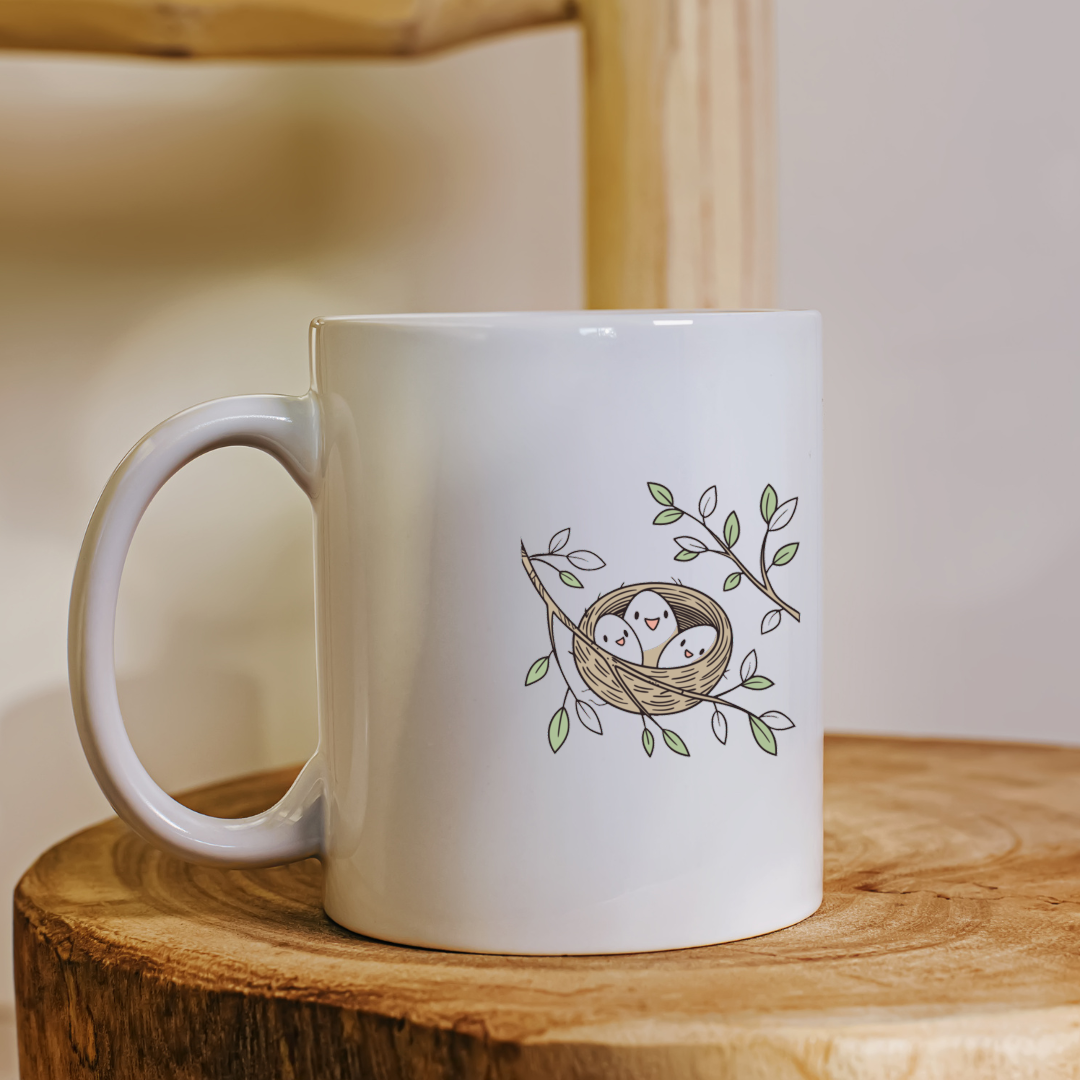 Mug avec design joyeux d'oisillons souriants dans un nid apaisant et naturel