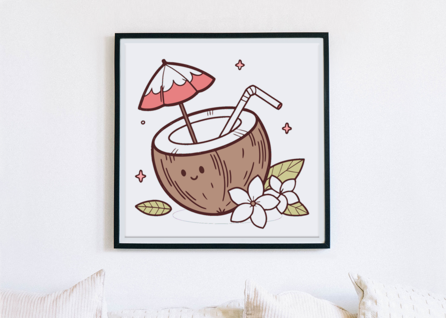 Cadre décoré avec une noix de coco souriante en style kawaii sur fond tropical