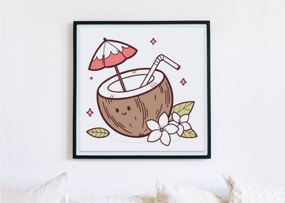 Cadre décoré avec une noix de coco souriante en style kawaii sur fond tropical