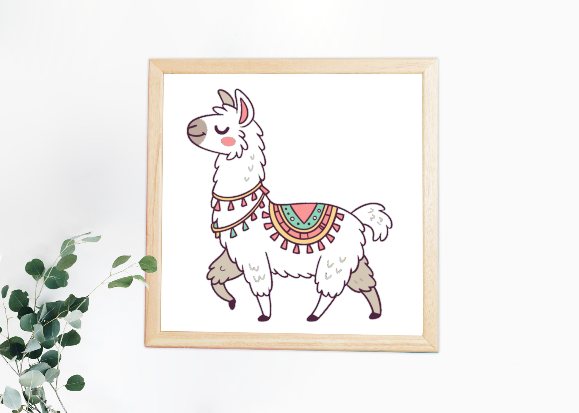 Cadre enchanteur avec lama style kawaii dans un décor exotique