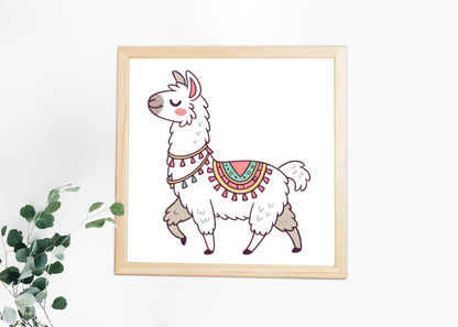 Cadre enchanteur avec lama style kawaii dans un décor exotique